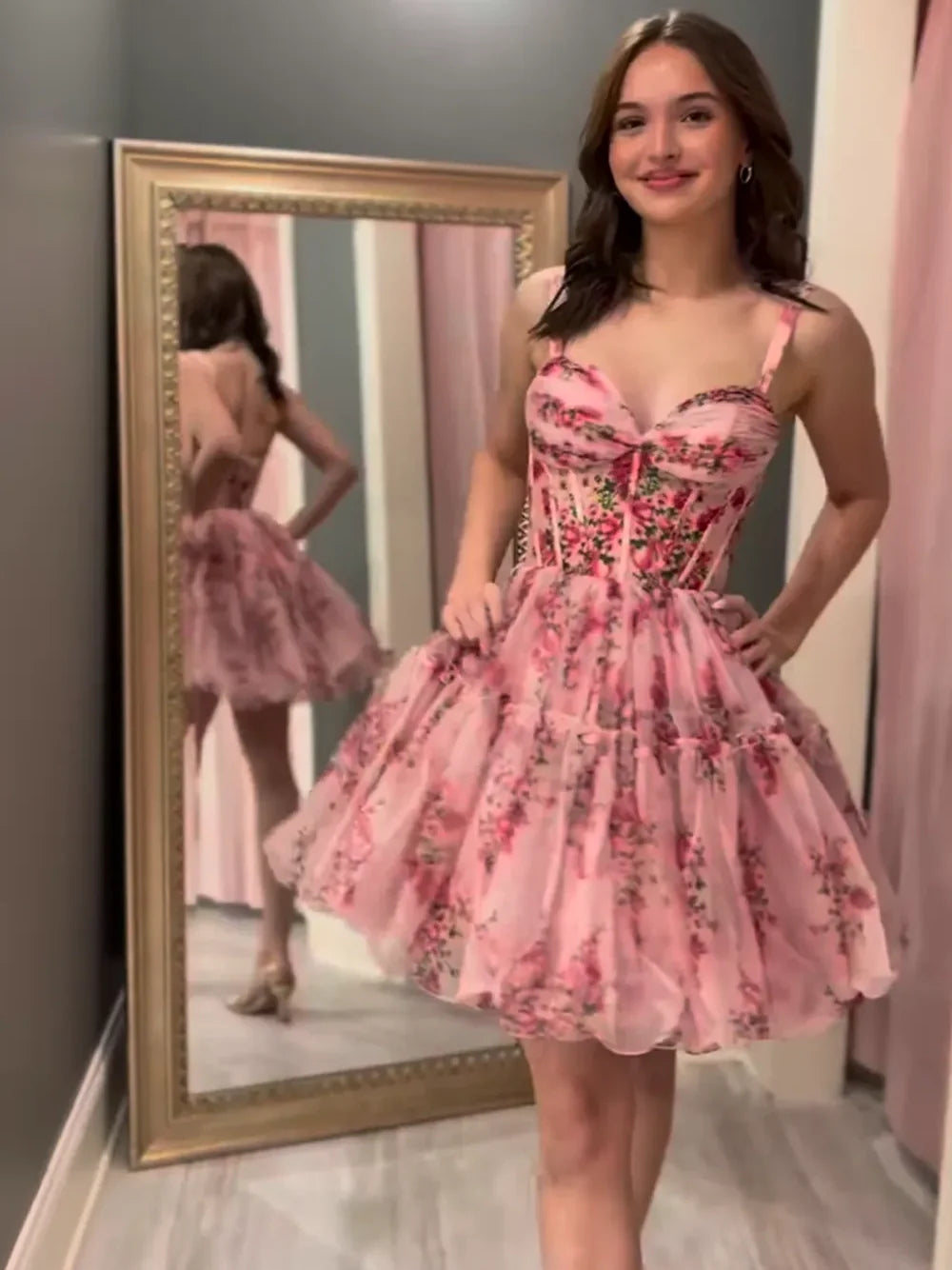 Gorgeous A Line Spaghetti Straps Pink Printed Short Homecoming Dress