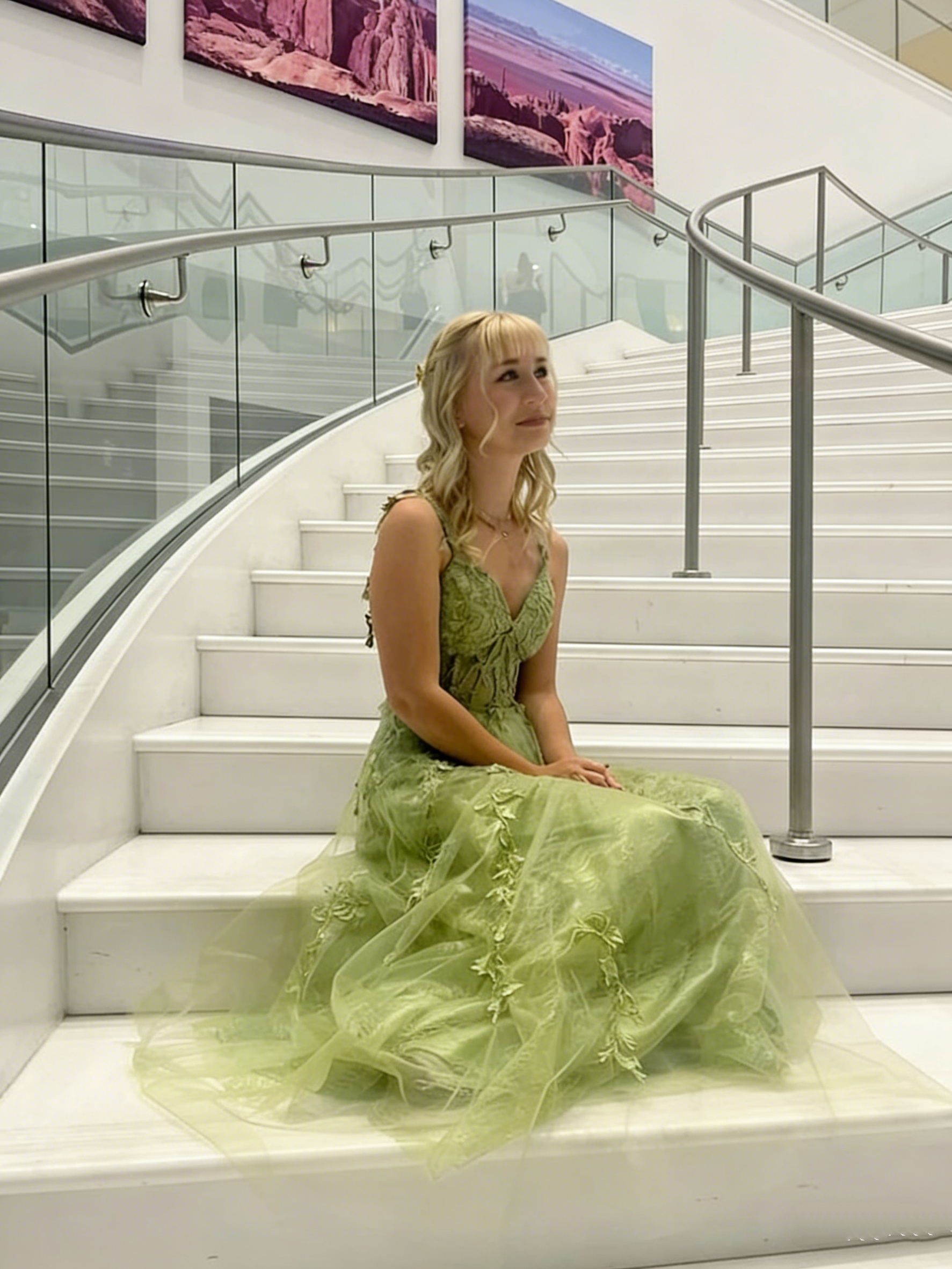 Classy Spaghetti Strap Green Tulle Appliques A Line Long Evening Dress Formal Birthday Evening Dress