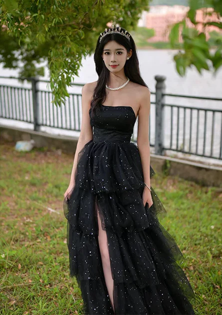 Glitter Black Tulle Layered Long Prom Dress Slit Fairy Ball Gown Party Dress
