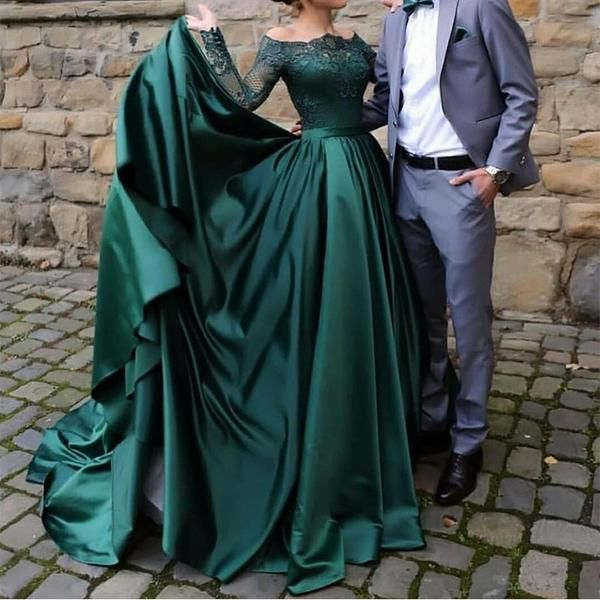 modest dark green party dress, off the shoulder prom dresses ,prom dress with long sleeves, evening gowns with lace