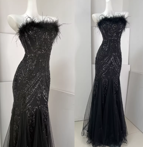 Classy Feathers Strapless White Tulle Sequin Mermaid Long Evening Dress Prom Dresses