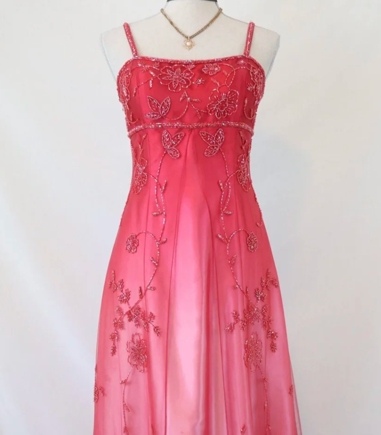 Elegant Spaghetti Straps Ombre Pink Satin Beaded Long Party Dress Formal Evening Dress