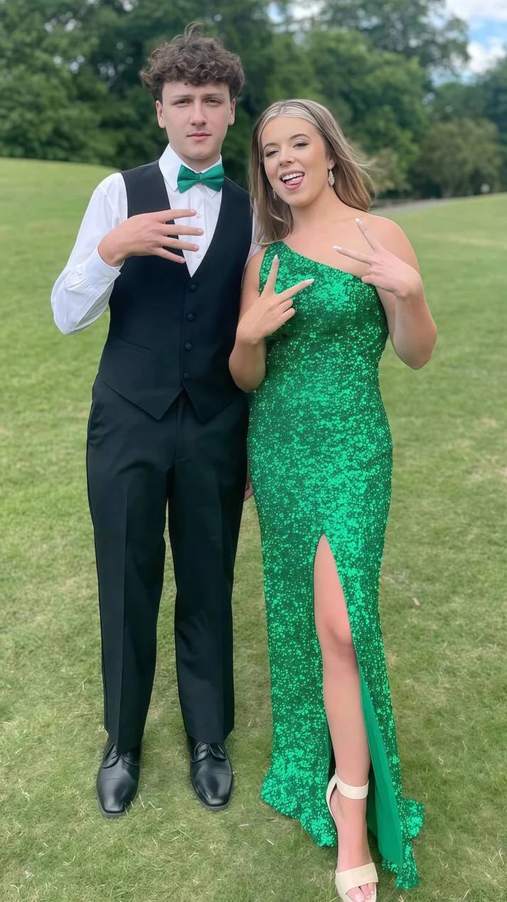 Shiny Green Sequins One Shoulder Slit Prom Dress Mermaid Party Evening Dress