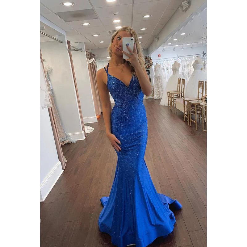 Charming Blue Mermaid Evening Dress,Blue Glam Dress