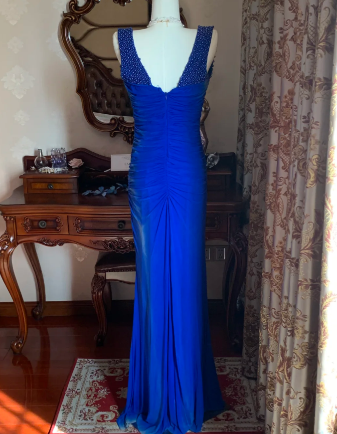Sexy Royal Blue Tulle Pleated Beaded Mermaid Long Wedding Guest Dress Evening Dress