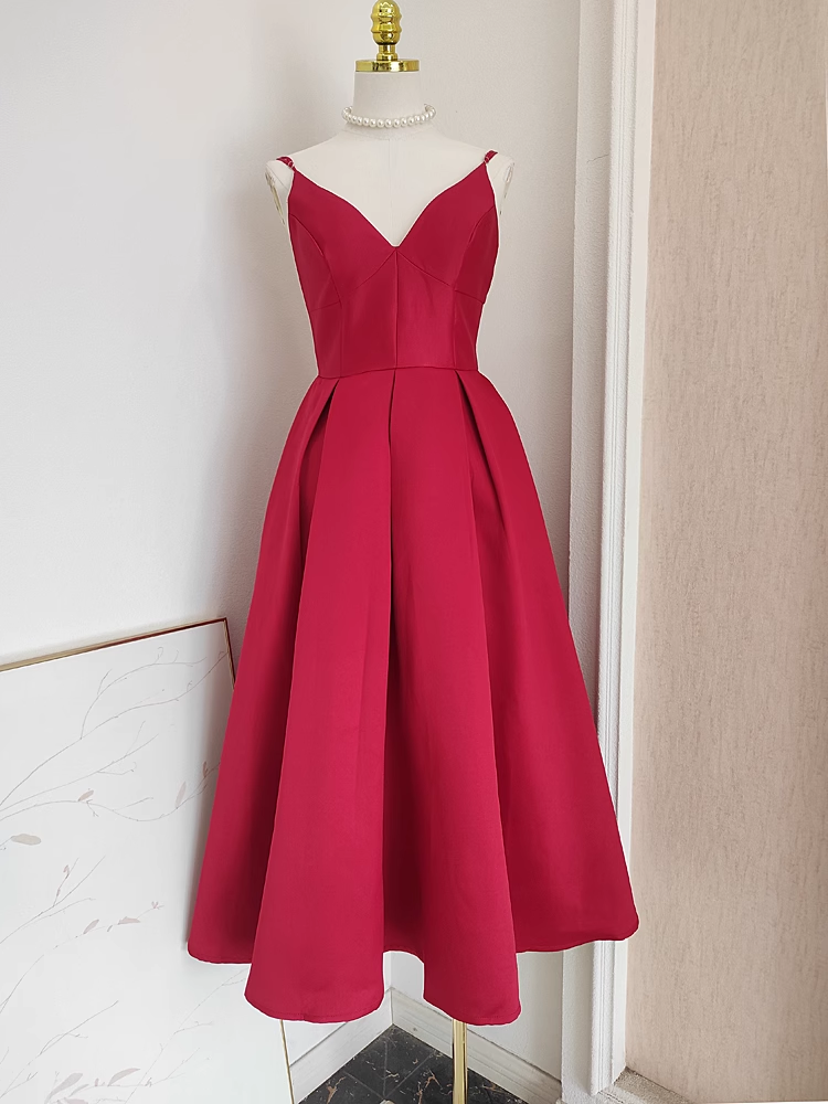 Sexy A line Spaghetti Straps Red Vacation Dress Satin Women Birthday Dresses