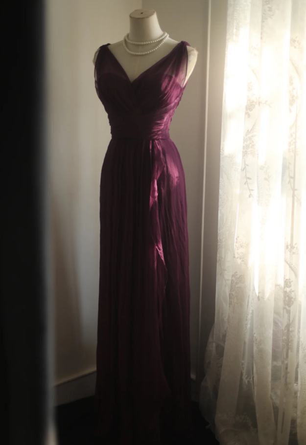 Charming Purple V Neck Tulle Long Wedding Guest Dress Formal Evening Dress Prom Dress