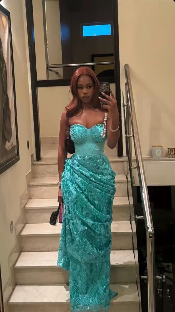 Vintage Lake Blue Strapless Beaded Jacquard Satin Long Prom Dress Evening Dress