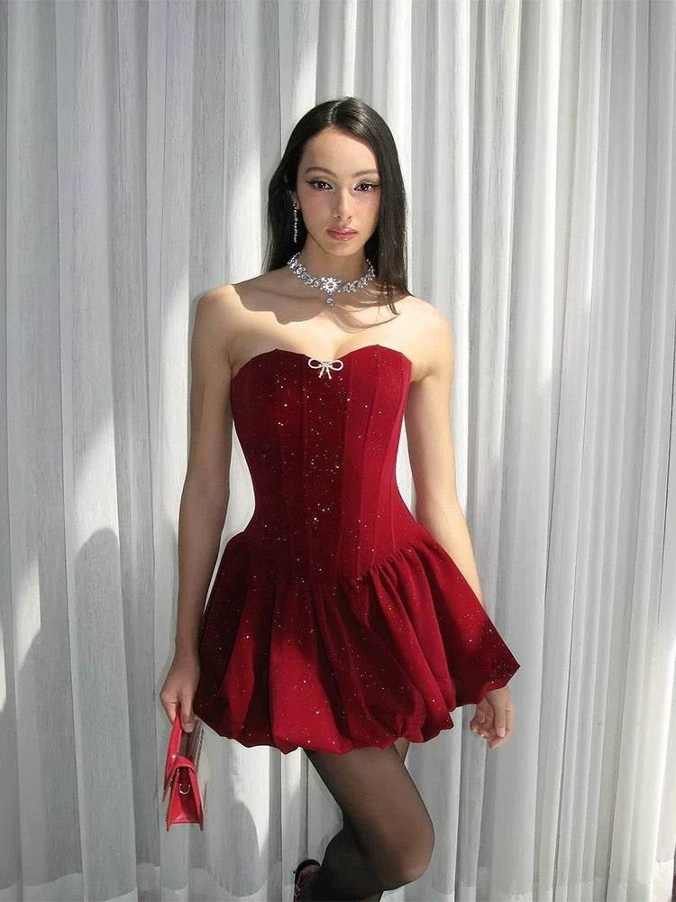 Sexy A Line Strapless Burgundy Velvet Ruffles Vacation Dresses Short Birthday Outfits