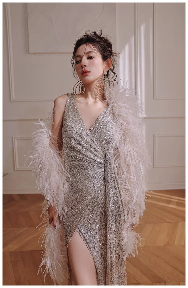 Glitter V Neck Silver Sequin Slit Mermaid Long Evening Dress Birthday Dress