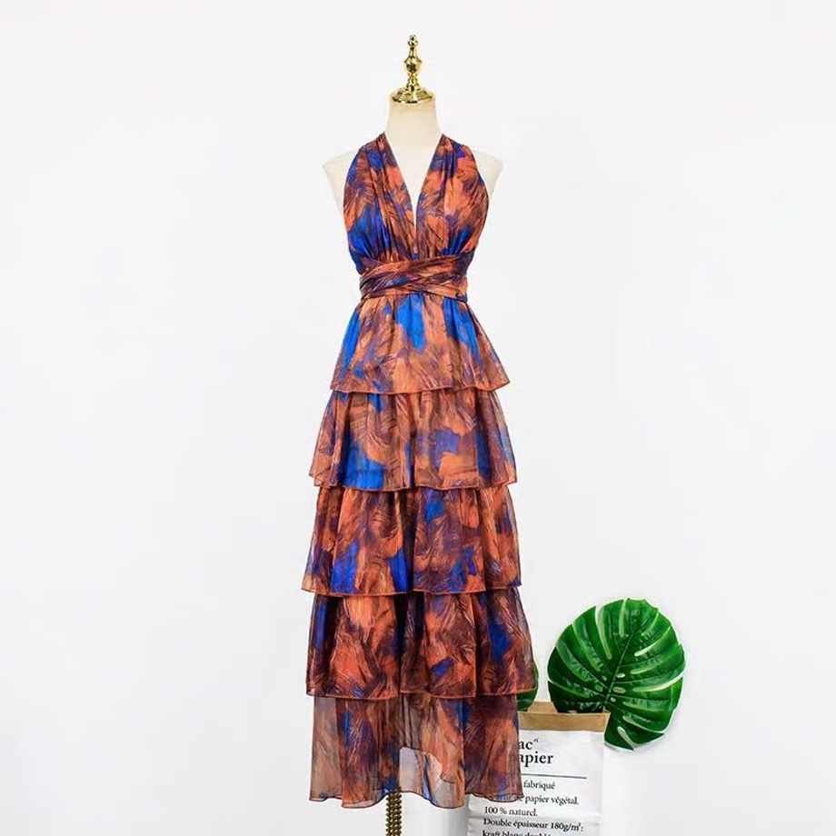 Halter neck prom dress, beach dress,seaside vacation dress,bohemian long dress