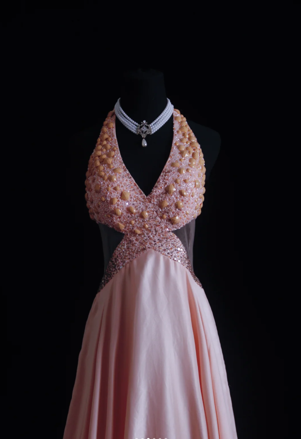 Gorgeous Pink Halter V Neck Satin Beaded Mermaid Long Party Dress Backless Evening Dress
