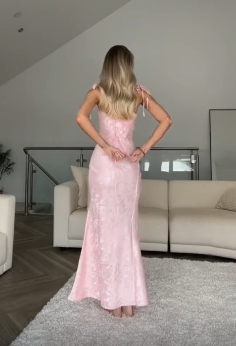 Pretty Straps Floral Print Prom Evening Gown Pink Mermaid Party Dress
