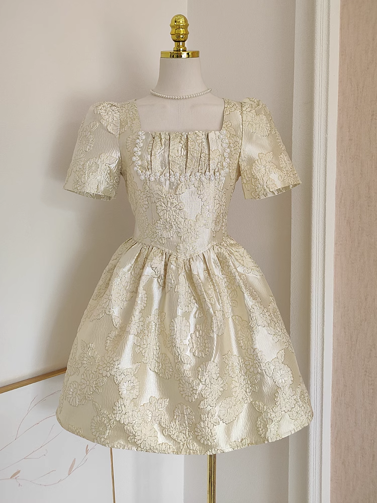 Cute A line Short Sleeves Satin Gold Floral Cocktail Dress Short Birthday Outfits