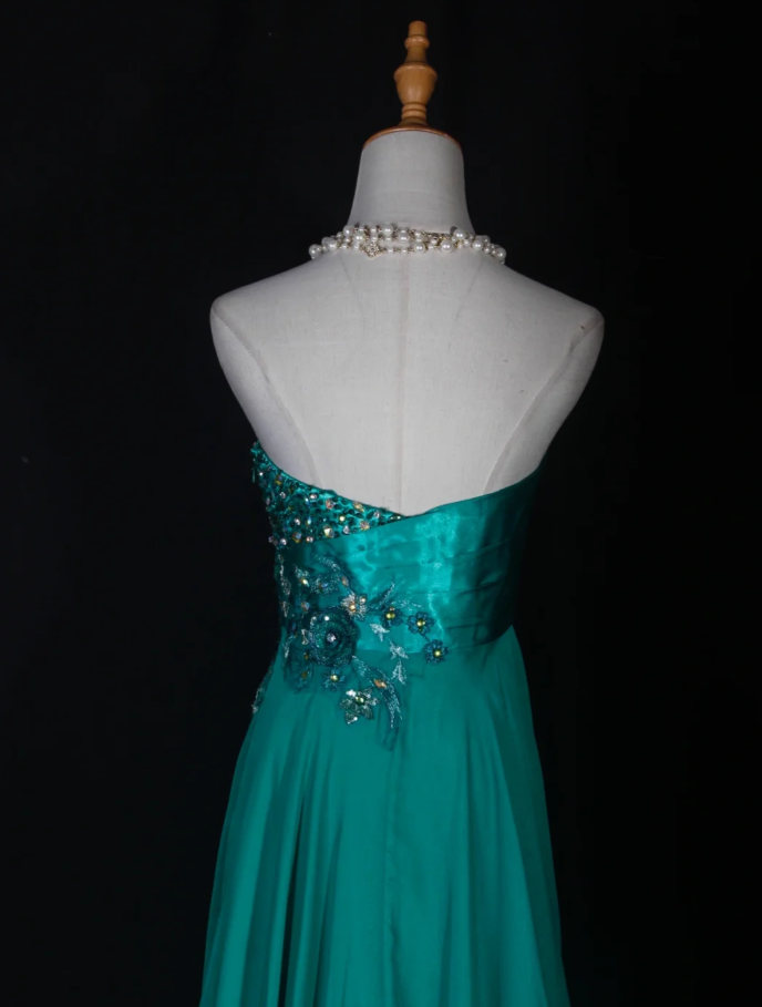 Fashion Strapless Green Satin Beaded Birthday Prom Dress Embroidery Floral Mermaid Long Evening Dress
