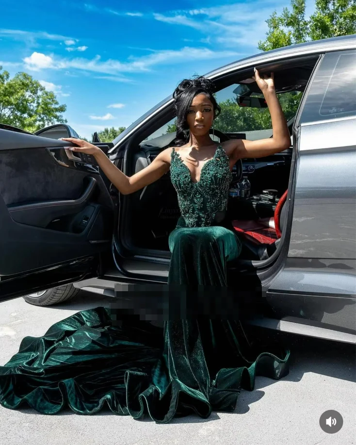 Luxurious Velvet Beaded Mermaid Party Dress，Green Long Prom Evening Gown