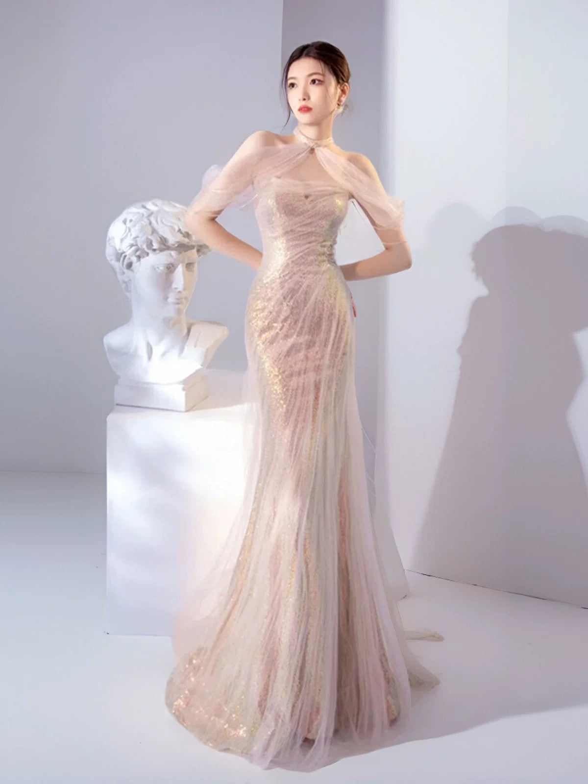 Sexy Mermaid Halter Pink Sequin Long Prom Dress Evening Dress Formal Dress