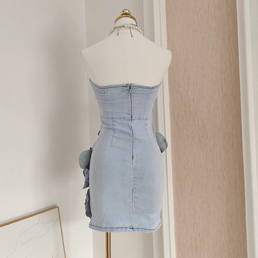Cute A line Strapless Sleeveless Denim Blue Party Dress Short Holiday Dresses