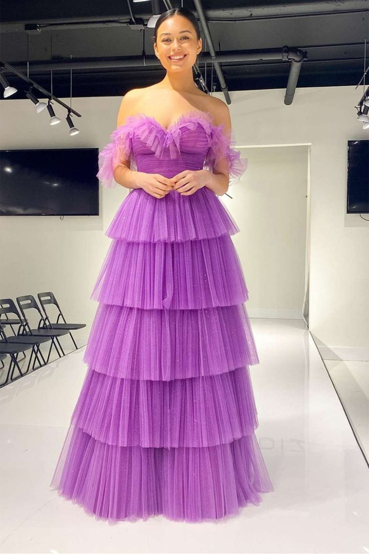Elegant Off Shoulder Layered Purple Tulle Long Prom Dress, Purple Formal Graduation Evening Dress