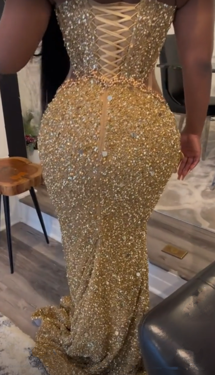 Gorgeous Gold Sequins Appliques Prom Dress Formal Mermaid Evening Dress