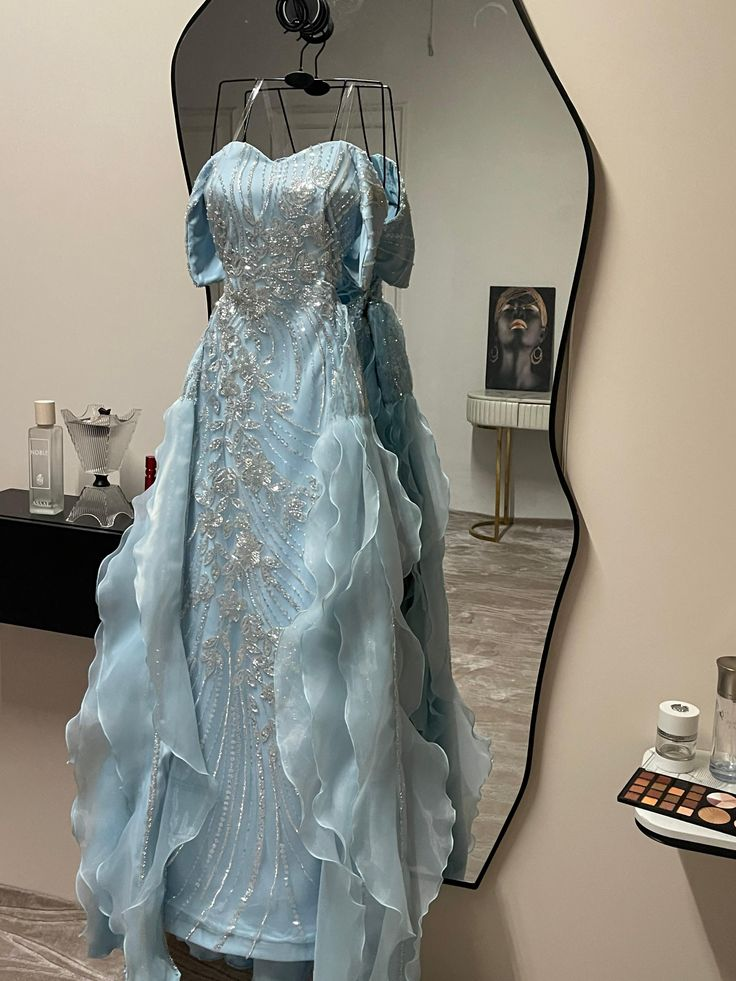 Glamorous Off The Shoulder Blue Satin Sequin Beaded Mermaid Evening Dress Long Prom Gown With Ruffles