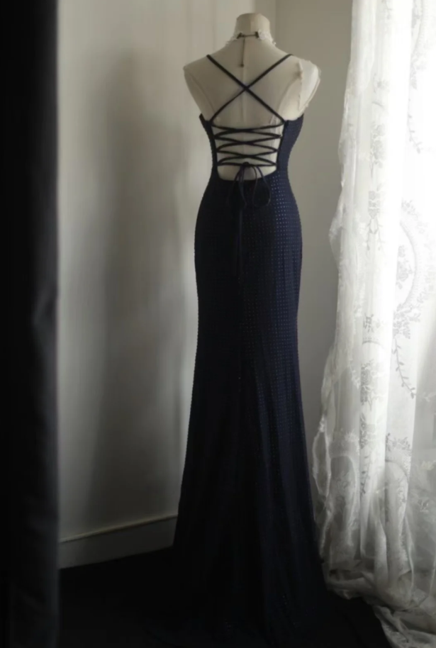 Classy Spaghetti Straps Navy Blue Beaded Mermaid Long Evening Dress Formal Wedding Guest Dress