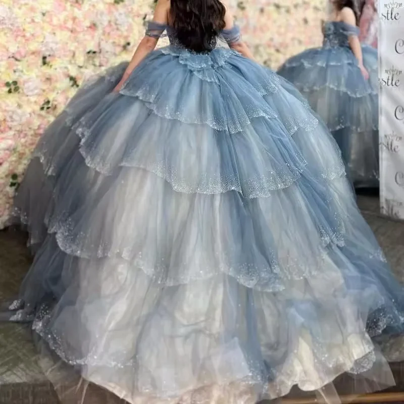 Sparkly Blue Sequin Off The Shoulder Ball Gown,Tulle Layered Sweet 16 Birthday Dress