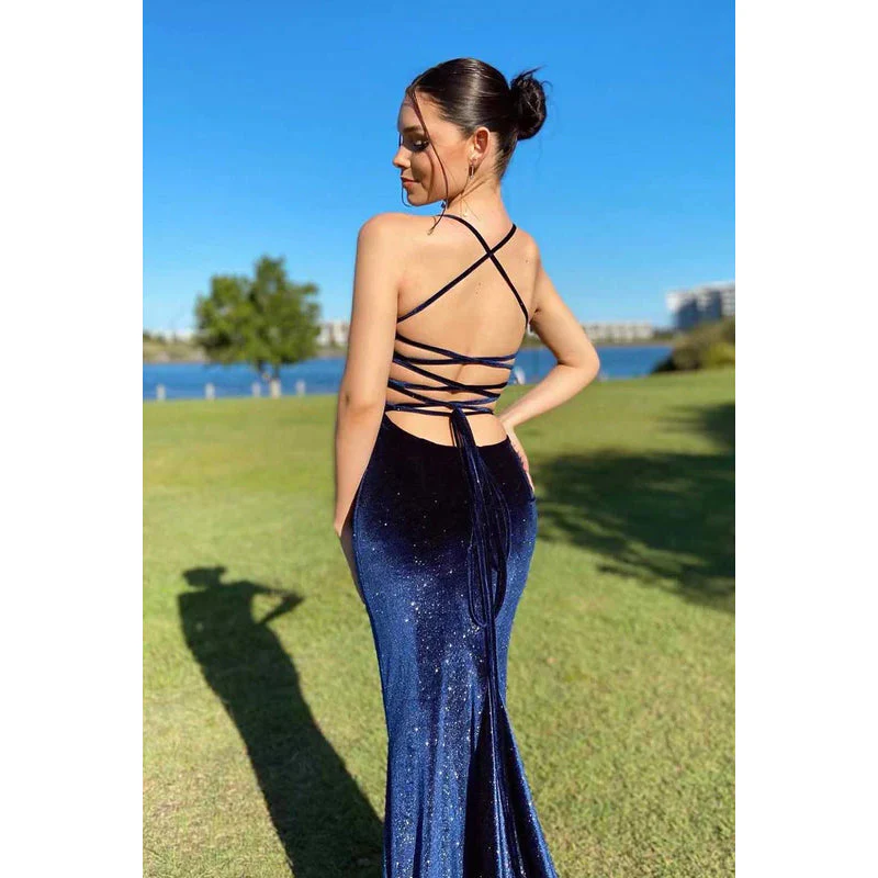 Vintage Navy Blue Velvet Prom Dress Sexy Mermaid Party Evening Gown