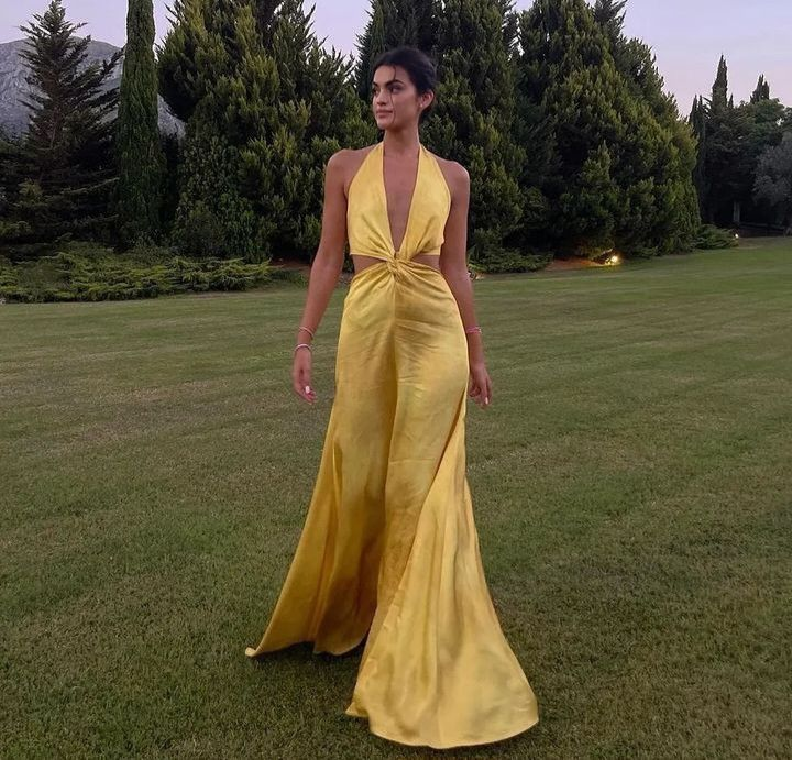 Sexy V Neck Halter Long Yellow Prom Dress Evening Dress