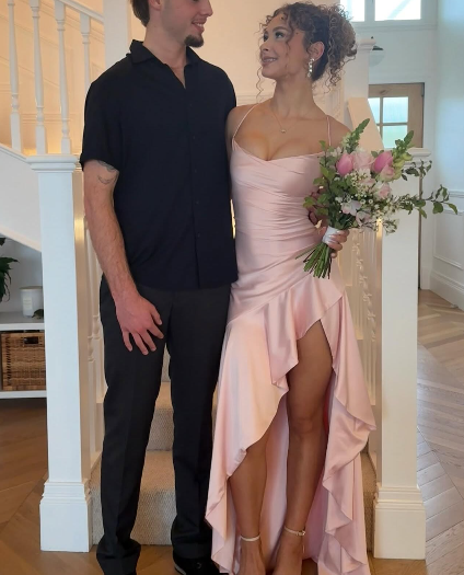 Elegant Spaghetti Straps Pink Satin Mermaid Party Dress Long Wedding Guest Dress