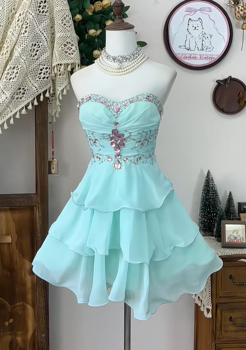 Elegant Strapless Chiffon Beaded A Line Mini Birthday Dress Blue Grade Homecoming Dress