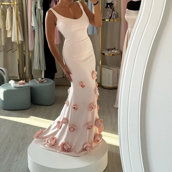 Pretty Pink Satin 3D Rose Flowers Mermaid Party Dress Long Evening Gown