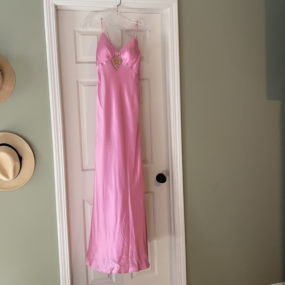 Pink Satin Beaded Evening Dress,Spaghetti Straps Party Prom Dress