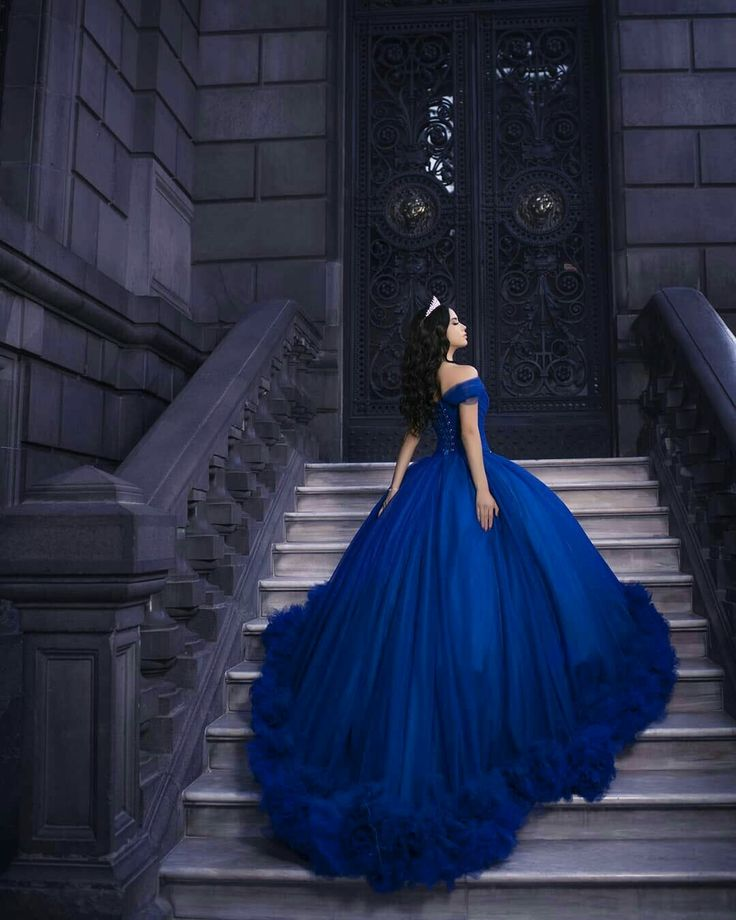 Off Shoulder Ball Gown Women Royal Blue Ruffle Princess Sweet 16 Dress cc72