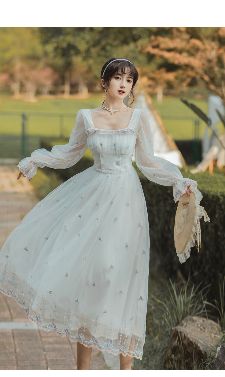 White Mesh Fairy Dress Woman French Vintage Embroidery Floral Flare Sleeve Princess Prom Dresses