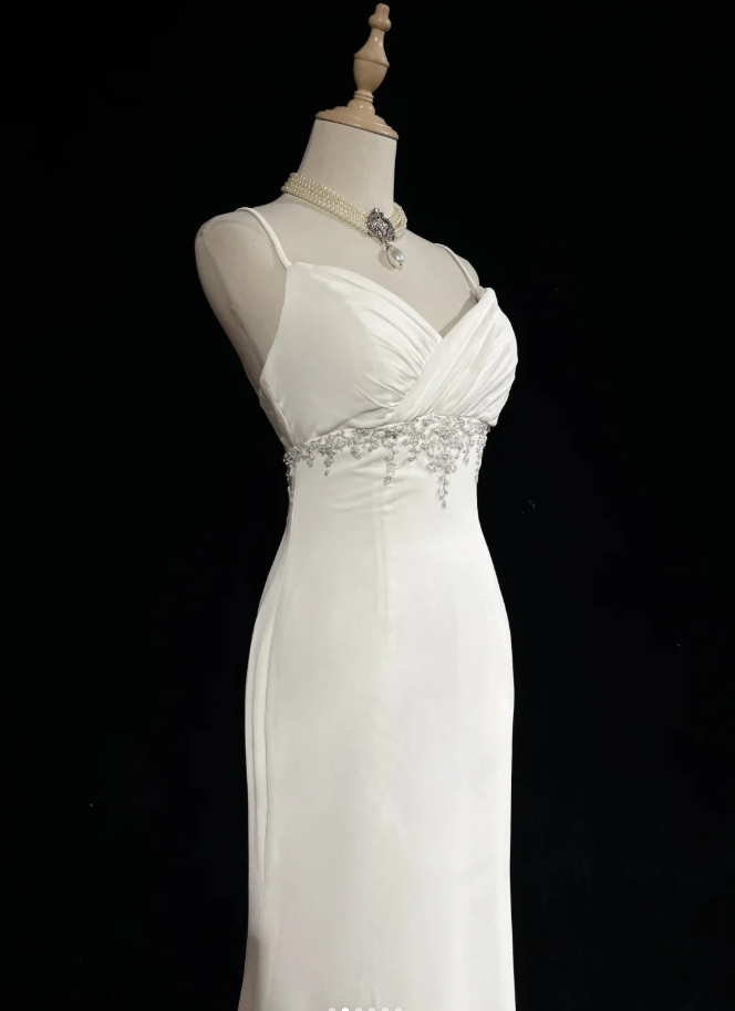 Classy Spaghetti Strap White Tulle Satin Beaded Mermaid Evening Dress Long Wedding Guest Dress