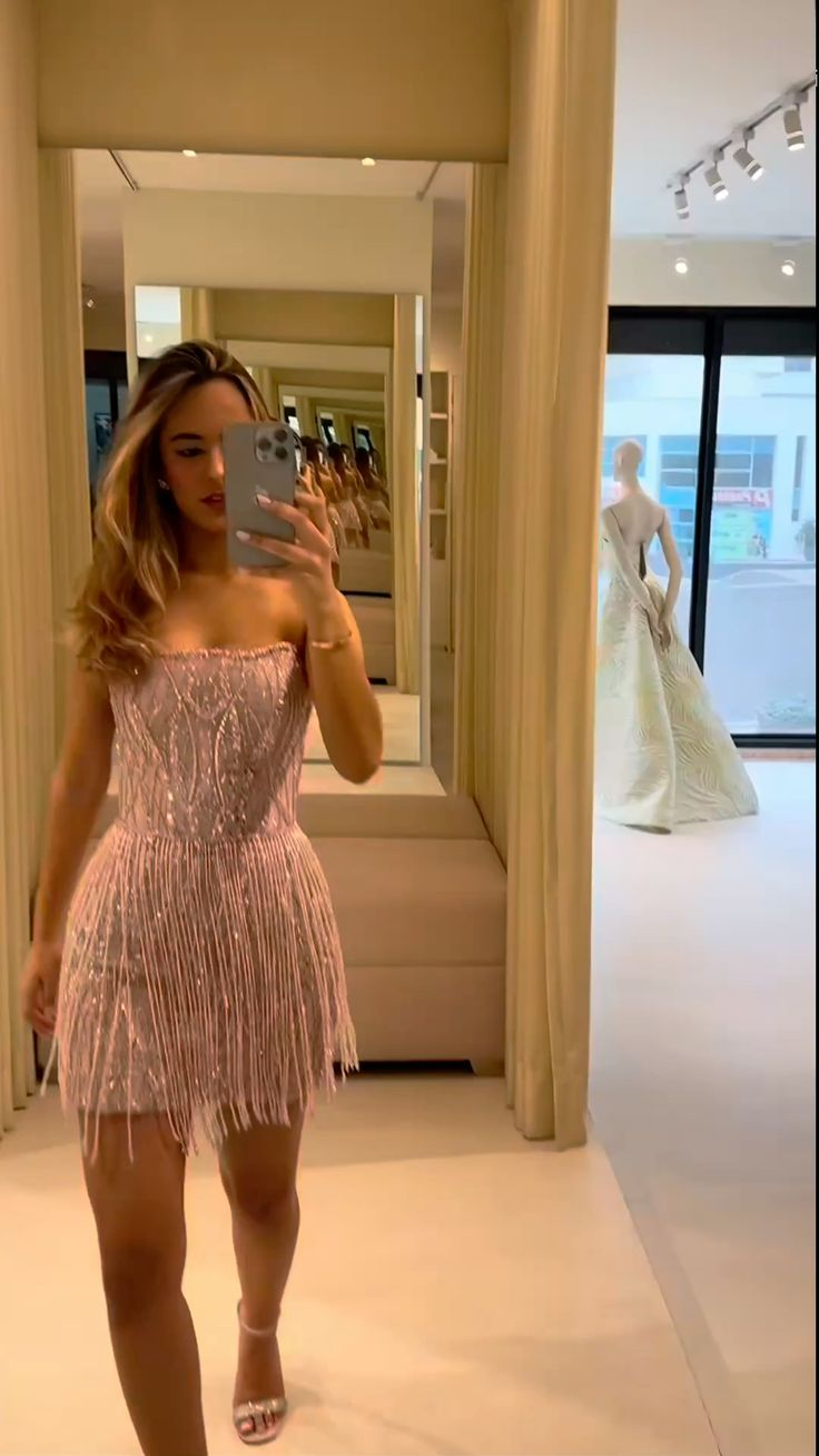 Sparkly Strapless Pink Sequin Tassel Sheath Formal Short 6th Grade Homecoming Dress Sexy Cocktail Dress