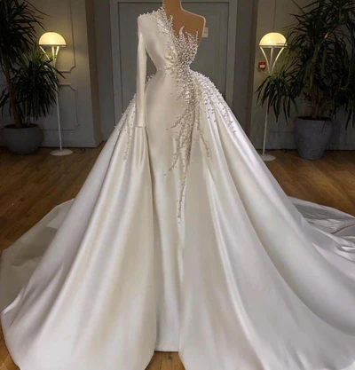 Gorgeous One Shoulder Satin White Beading Mermaid Prom Dresses