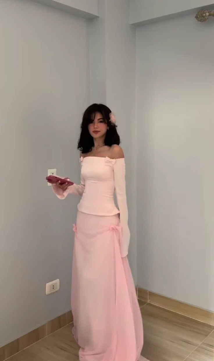 Sweet Two Piece Off The Shoulder Pink Satin Chiffon Mermaid Prom Dress Formal Party Dress