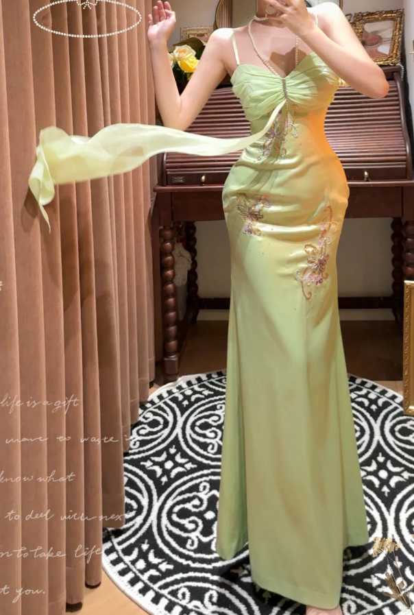 Classy Spaghetti Straps Green Satin Beaded Mermaid Long Wedding Guest Dress Formal Birthday Party Dress