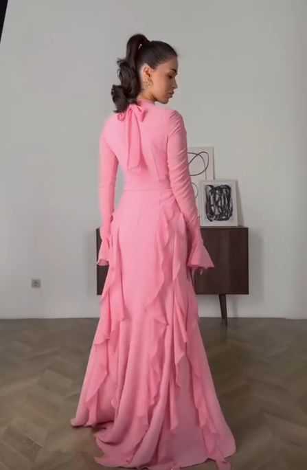 Pink Chiffon Ruffles Long Party Evening Dress