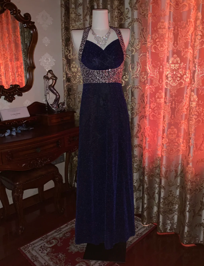 Pretty Halter Navy Blue Sequin Beaded Mermaid Long Evening Dress Birthday Party Dress