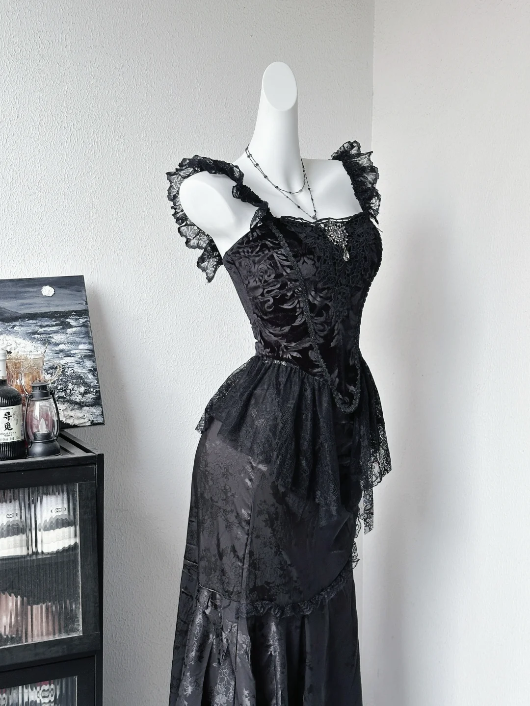 Vintage Black Satin Lace Long Party Dress Evening Dress