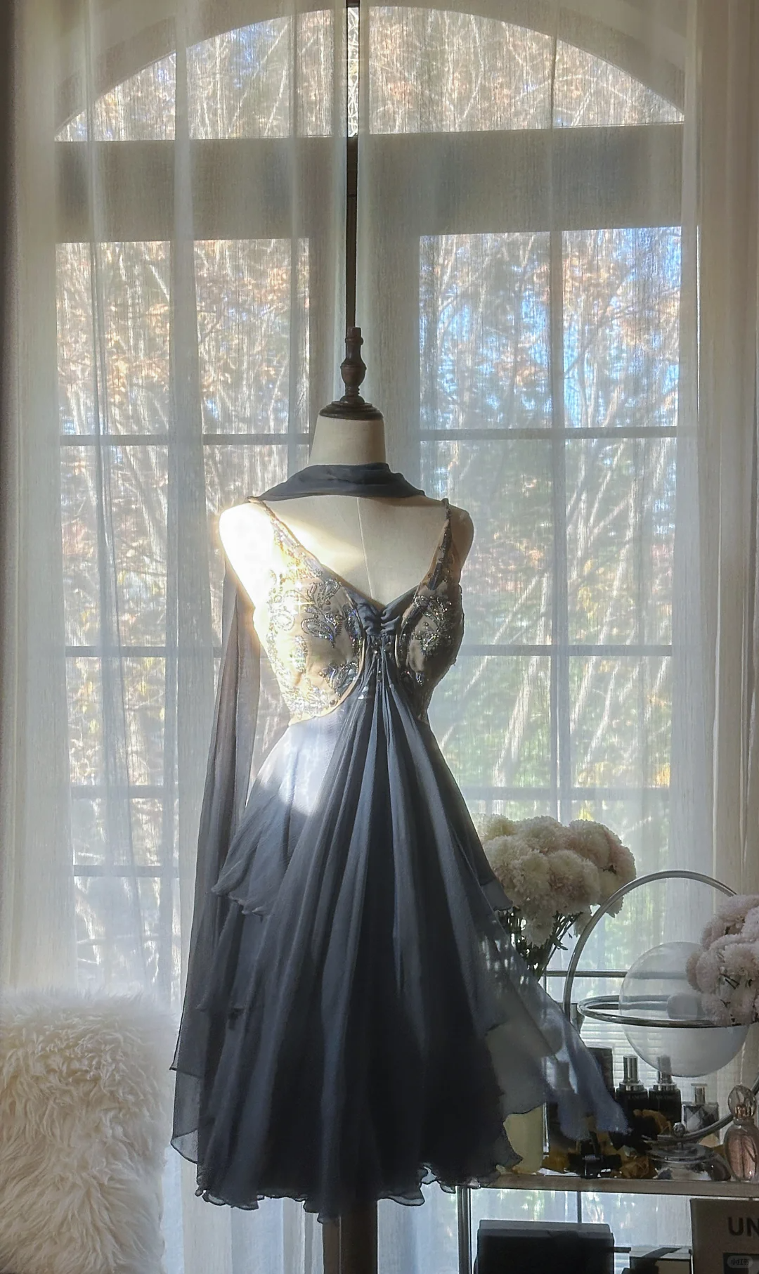 Stylish Spaghetti Straps V Neck Chiffon Sequin Cocktail Dress Blue Short Birthday Outfits Homecoming Dress