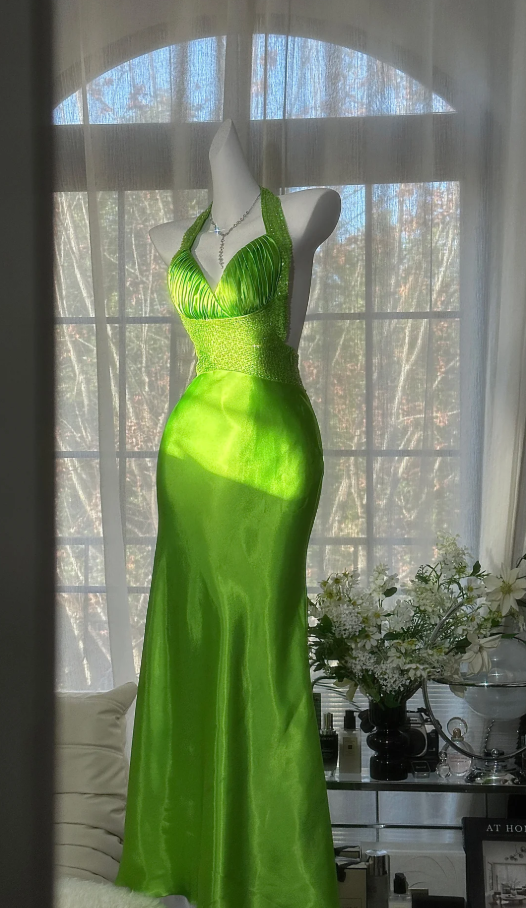 Unique Green Halter Satin Beaded Mermaid Party Dress Backless Long Evening Dress Wedding Guest Dress