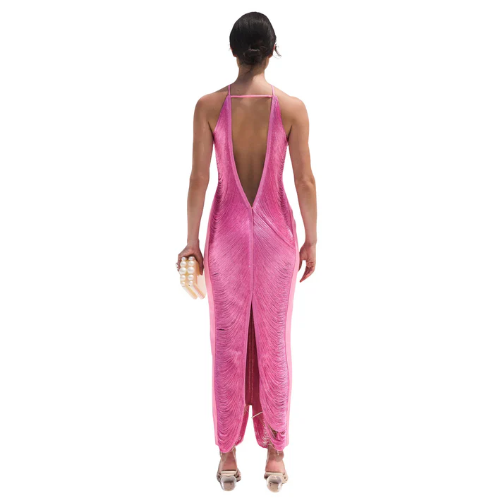 Classy Hot Pink Halter Satin Backless Prom Evening Dress,Slit Party Gown