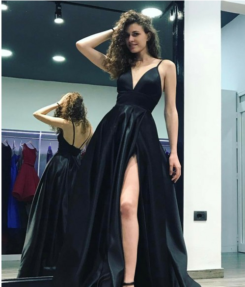 Sexy Side Slit Backless Spaghetti Straps A-line Long Evening Prom Dresses