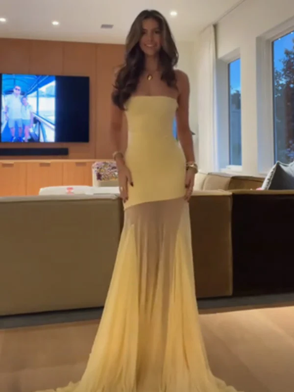 Chic Yellow Strapless Satin Long Prom Dress Formnal Party Dress