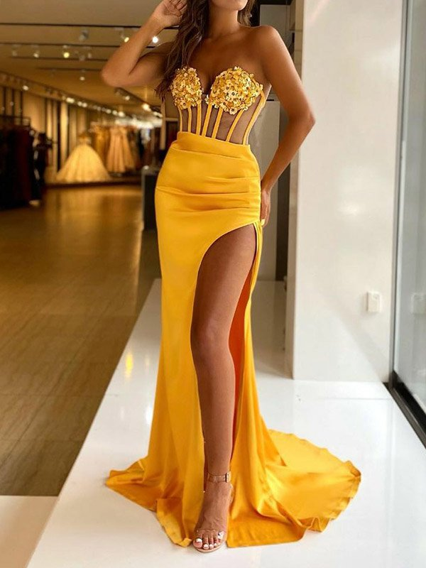 Embroidered Split-Joint Bandeau Prom Dress See-through Evening Dress