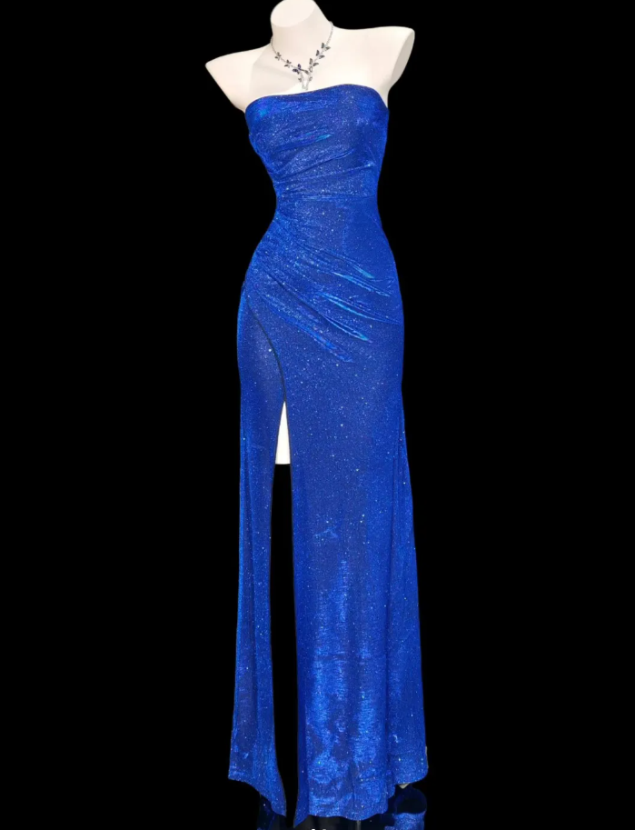 Shiny Strapless Royal Blue Satin Sequin Slit Mermaid Evening Dress Long Party Gown